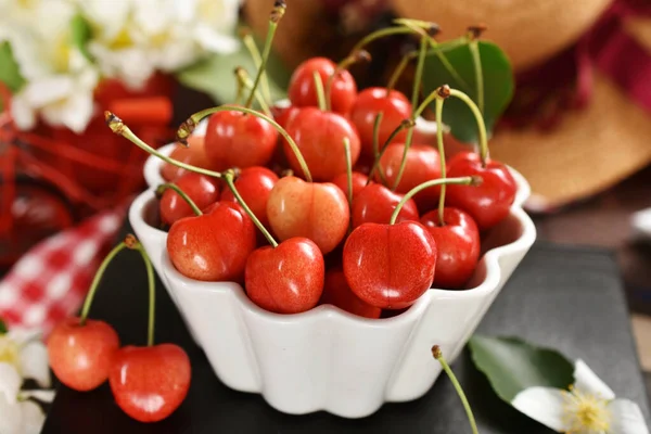 Bowl Ripe Sweet Cherries Table Rustic Style — Stock Photo, Image