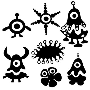 Çizgi film koleksiyonu. Komik canavar siluetleri.