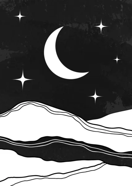 Сучасний плакат середини століття векторний пейзаж Бо плакат з місяцем, зірками, горами для друку, настінне мистецтво, декор спальні — стоковий вектор