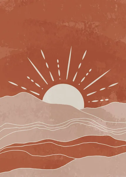 Сучасний плакат середини століття Векторний плакат Бохо в теракотових кольорах зі схід сонця для друку, настінне мистецтво, декор спальні — стоковий вектор