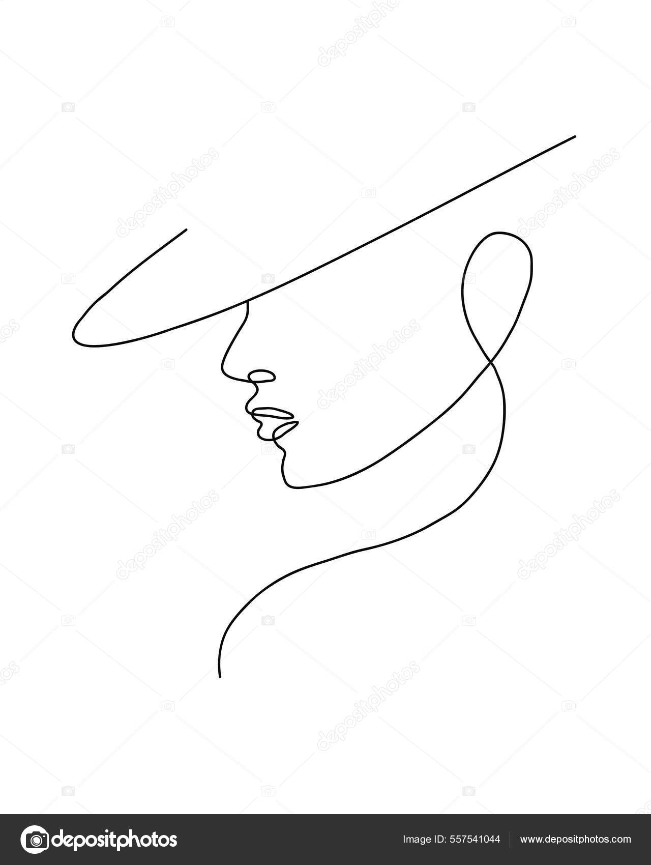 Line art woman face in a hat vector in one line art style. Line art in