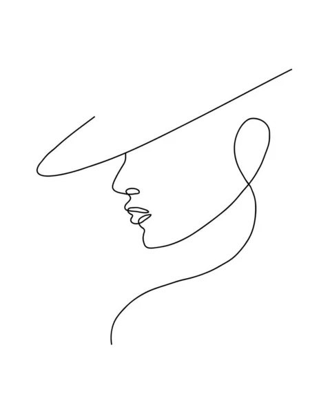 Line art woman face in a hat vector in one line art style. Line art v elegantním stylu pro plakáty, tisky, tetování, nástěnné malby — Stockový vektor