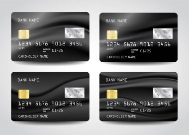 Kredi kartı vektör simgeleri ayarlandı. Soyut arkaplan tasarımlı gerçekçi siyah kart tasarımı