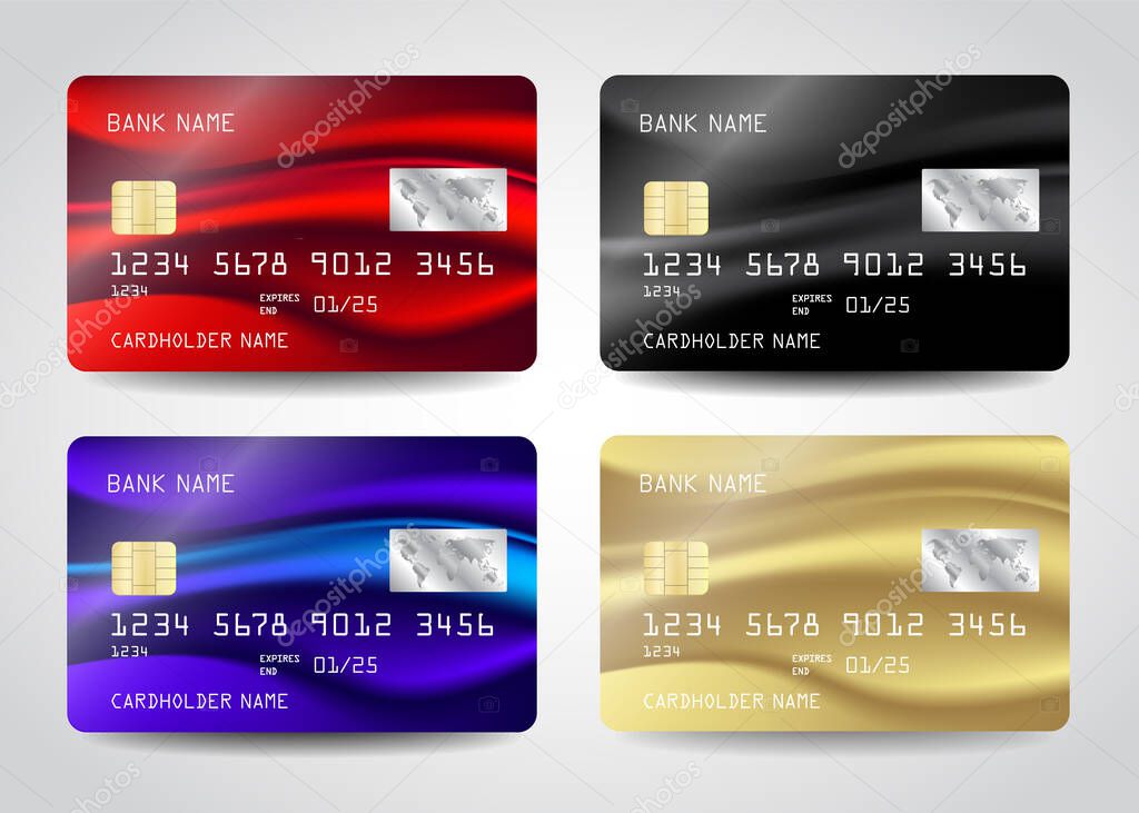 Credit Cards vector set icons. Realistic credit cards abstract design set with colorful abstract background design