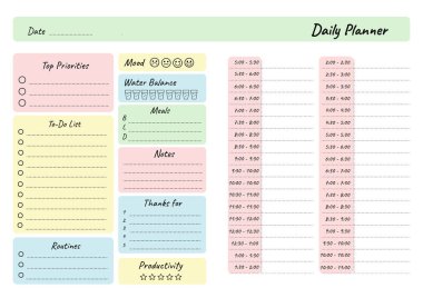 Günlük planlayıcı yazdırılabilir şablon Vektörü. Boş beyaz defter sayfa A4. Etkili planlama için bir günlük iş planlama programı sayfası. Zamanlama şablonu
