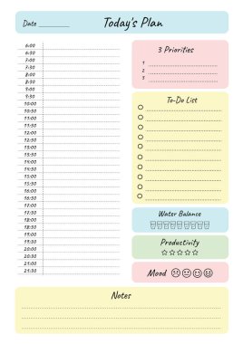 Günlük planlayıcı yazdırılabilir şablon Vektörü. Boş beyaz defter sayfa A4. Etkili planlama için bir günlük iş planlama programı sayfası. Program şablonu. Kağıt çarşaf. Vektör