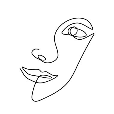 Womans face in one line art style vector illustration. Continuous single line art in elegant style for prints, posters, printable, tattoo, labels. Beautiful female face smiling. Vector wall art decor