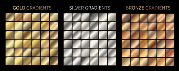 Oro Plata Bronce Gradientes Vector Gradientes Metálicos Conjunto Muestras Color — Vector de stock