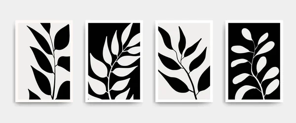 미술은 집합을 출력한다 장식의 포스터와 나뭇잎 단색의 식물들 하얀색의 식물학 — 스톡 벡터