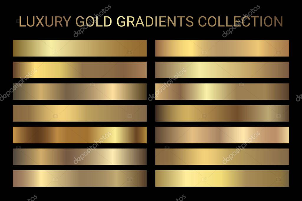 Luxury gold gradients collection vector. Golden gradients set of metallic festive gold vector colors. For Christmas cards, banners, tags, fonts, New Year Eve party flyers, invitation card design