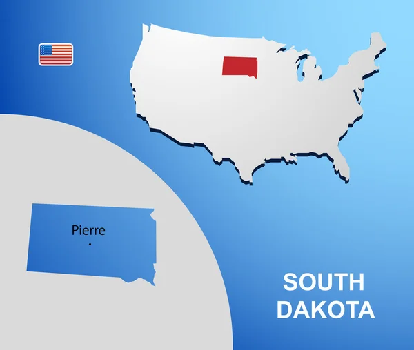 Dakota del Sud sulla mappa degli Stati Uniti con mappa dello stato — Vettoriale Stock