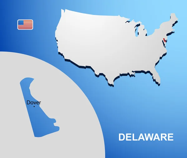 デラウェア州アメリカ合衆国マップ上での状態の地図 — ストックベクタ