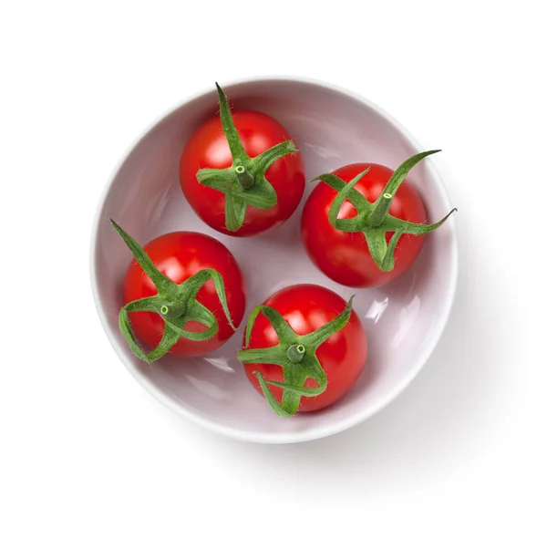 Tomates Cherry Tazón Blanco Aislados Sobre Fondo Blanco Vista Superior —  Fotos de Stock