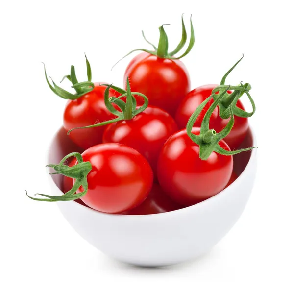 Tomates Cherry Tazón Blanco Aislados Sobre Fondo Blanco —  Fotos de Stock