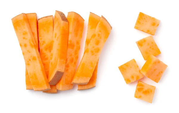 Süßkartoffeln Scheiben Geschnitten Rohe Pommes Und Würfel Isoliert Über Weißem — Stockfoto