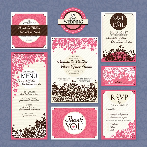 Ensemble de cartes de mariage floral — Image vectorielle