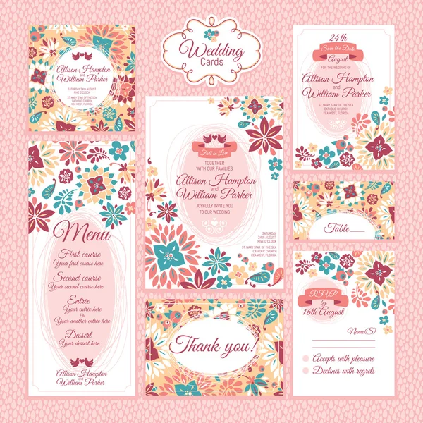 Conjunto de tarjetas de boda florales — Vector de stock