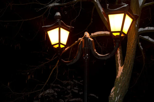 Lampada da strada vintage nella notte invernale — Foto Stock