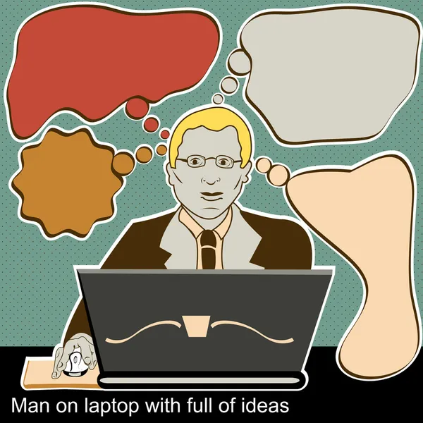 Człowiek na laptopie z pełnym pomysłów — Wektor stockowy