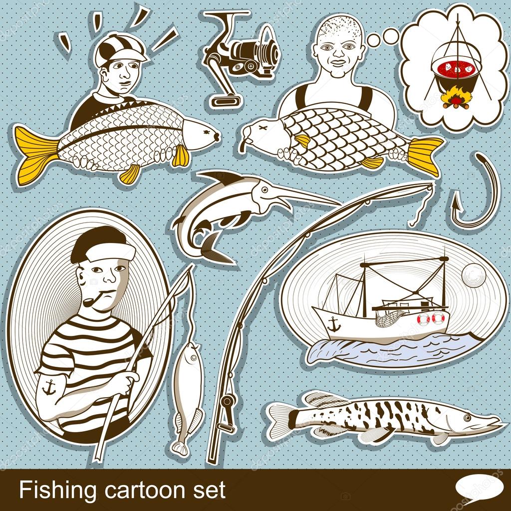 Fishing cartoon set