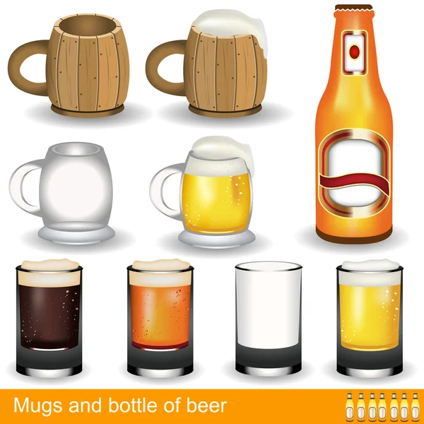 Muggar, glas och en flaska öl — Stock vektor