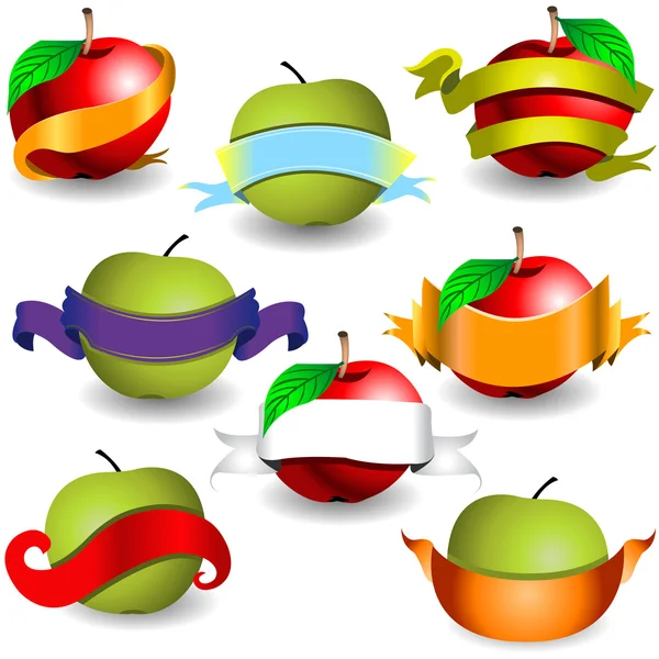 Manzanas con pancartas de cinta — Vector de stock