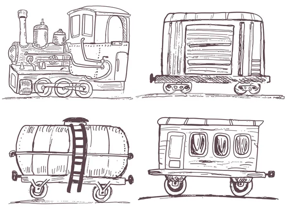 Train vintage avec croquis chariots — Image vectorielle