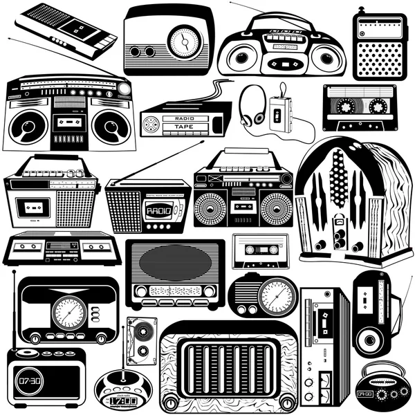 Iconos de radio y cassette negro — Vector de stock