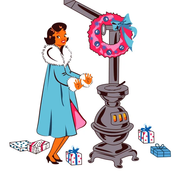 Girl Heating Her Hands Furnace —  Vetores de Stock