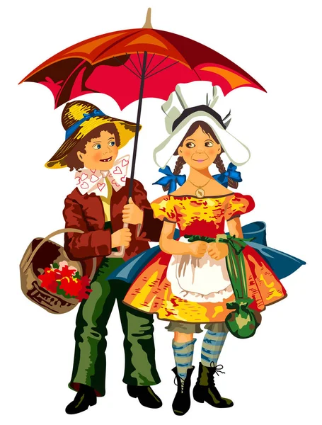 Young Couple Umbrella Vector Vintage Illustration — Stock Vector