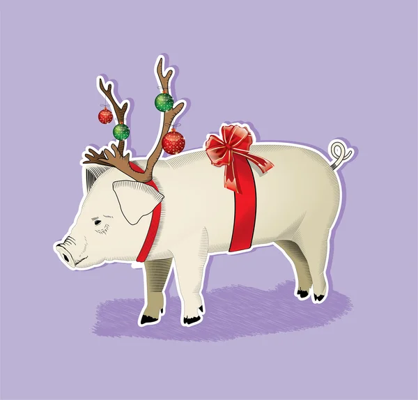 Pig with deer horns - funny Christmas background — Stock Vector
