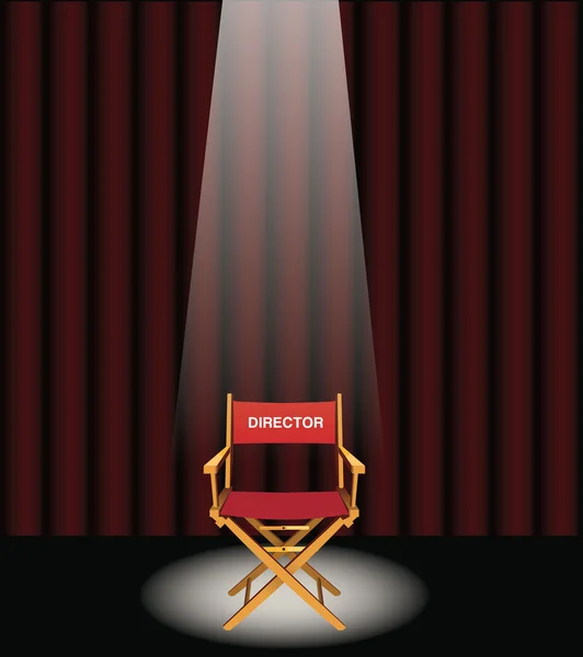 Bir kırmızı perde ve sahne ışığı olan bir sahne yönetmenleri sandalyede Stok Illüstrasyon