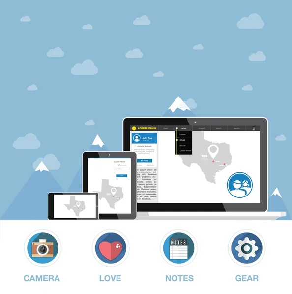 Diseño plano, dispositivos de comunicación con elementos gráficos del sitio web — Vector de stock
