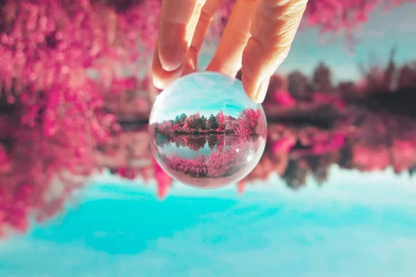 Envers Tenant Une Boule Photo Cristal Dans Parc Avec Étang — Photo