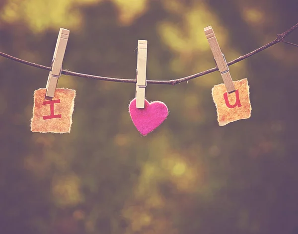 Love You Heart Pinned Clothesline Toned Retro Vintage Instagram Filter — Stock Photo, Image