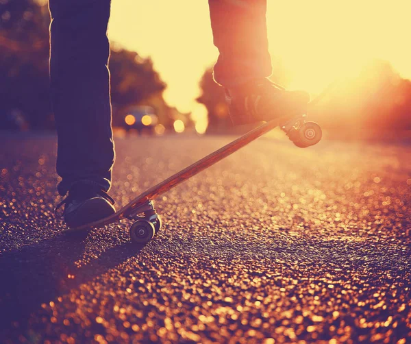 Silhouette Skateboarder Jumping Front Beautiful Sunset Freshly Tarred Road Toned — Stockfoto