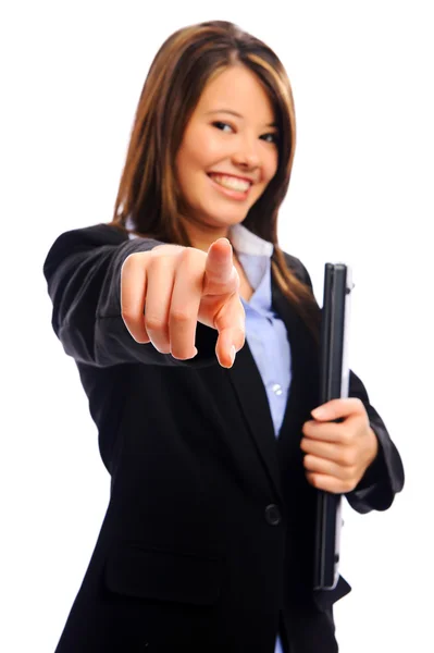 Affärskvinna som pekar in kameran — Stockfoto