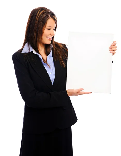 Businesswoman holding a white board — Stock Photo, Image