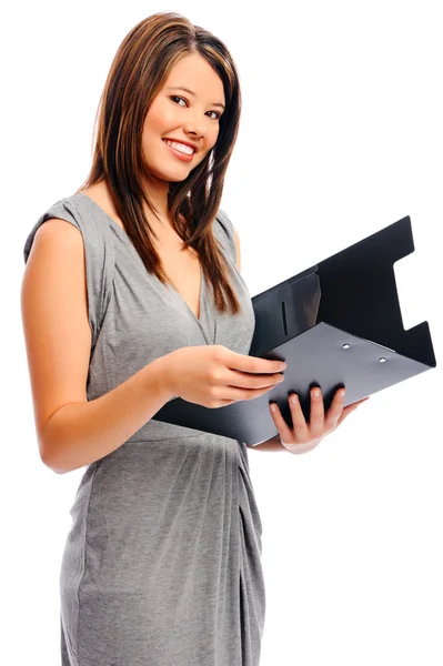 Pretty businesswoman holds a file — Stock Photo, Image