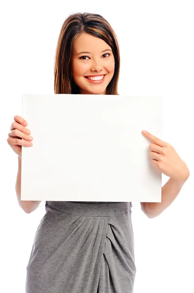 Hezká dívka držící bílou tabuli — Stock fotografie