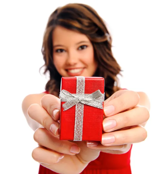 Pretty girl receives a present — Stock Photo, Image