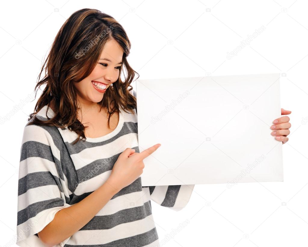 Attractive young woman with blank sign
