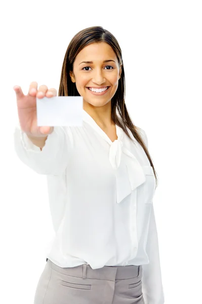 Femme d'affaires avec carte de visite — Photo