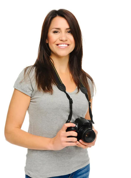 Pretty woman with camera — Stock Photo, Image