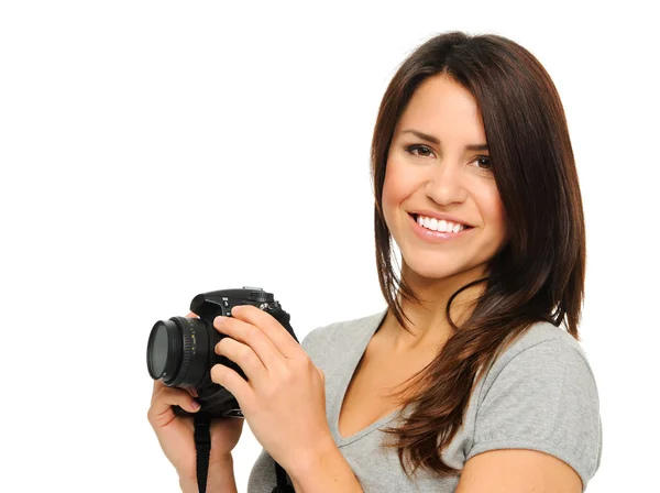 Mooie vrouw met camera — Stockfoto