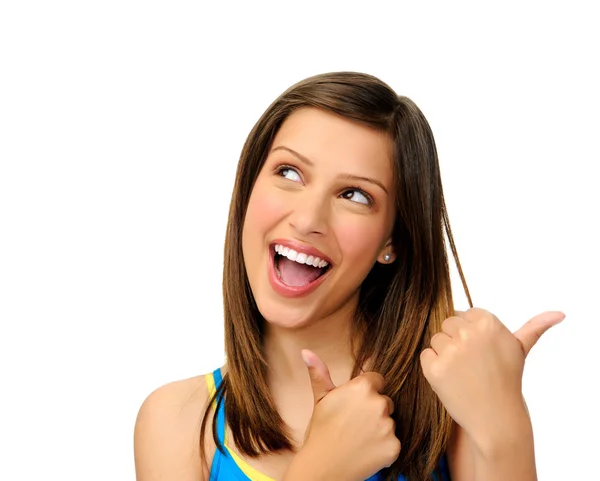 Excited woman giving thumbs up — Stock Photo, Image