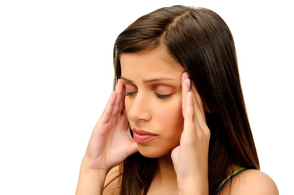 Девушка с головной болью и стрессом — стоковое фото