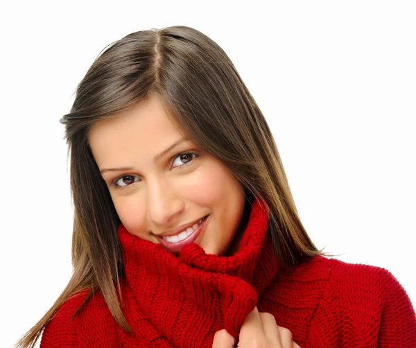 Dívka s červenými pletený top — Stock fotografie