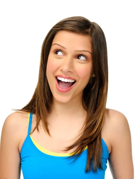 Woman looks upward and shows excitement — Stock Photo, Image