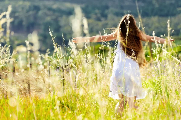 Sunset dancing meadow girl — Stock Photo, Image